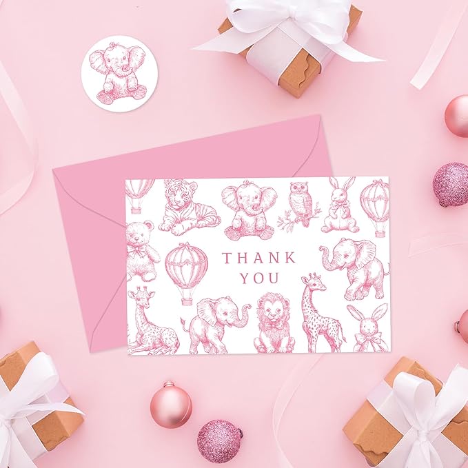 Whaline 24 Pack Pink Baby Shower Thank You Card Greeting Cards with Envelopes Stickers Cute Animal Blank Note Cards for Gender Reveal Birthday Party Supplies