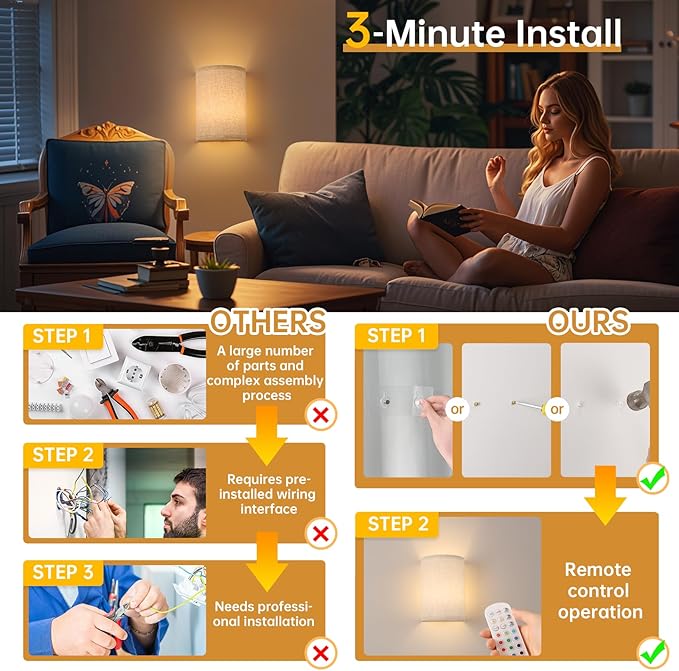 Adhesive Battery Operated Wall Sconce Set of 2, 6000 mAh Battery Rechargeable Bulb with 12 RGB Colors, Stick on Wall Sconce No Drill Wall Lights, Linen