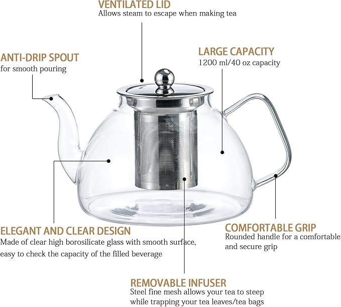 1200ml/40 oz Glass Teapot with 4 Double Wall Teacups and Removable Stainless Steel Infuser, Tea Sets for Adults, Clear Tea Kettle Stovetop Safe for Loose Leaf and Blooming Tea,Gifts for Christmas
