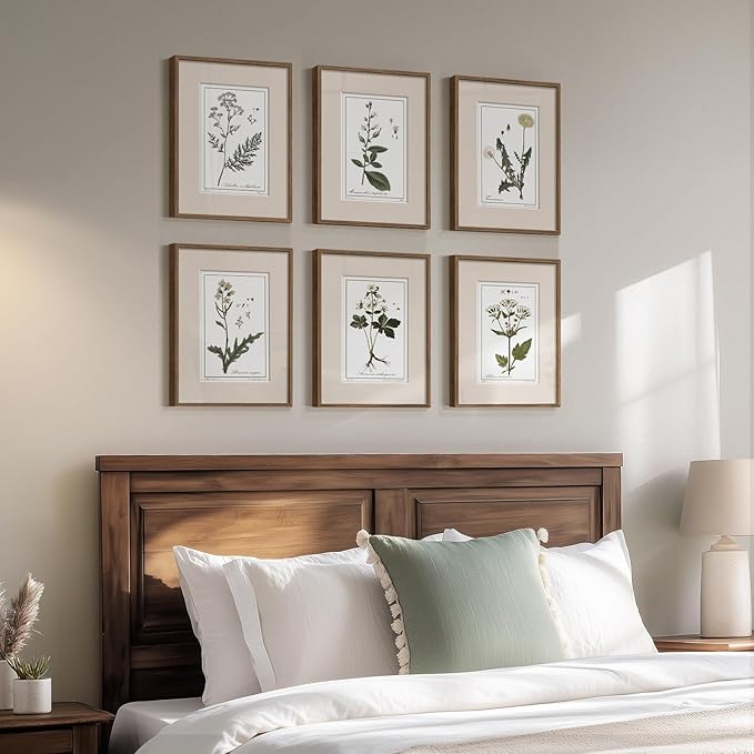 Framed Vintage Botanical Wall Art for Living Room, 6 Piece Rustic Floral Canvas Painting Prints Artwork for Kitchen Walls, Neutral Flower Pictures for Bedroom Dining Room Farmhouse Wall Decor, 11x14
