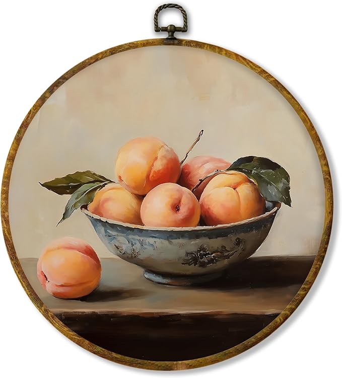 Hiuwevt Vintage Moody Peach Round Wall Art Decor, Dark Academia Peach Framed Canvas Prints, Farmhouse Rustic Fruit Round Wall Hanging Decor for Kitchen Dining Room Decorations, 10x10 Inches