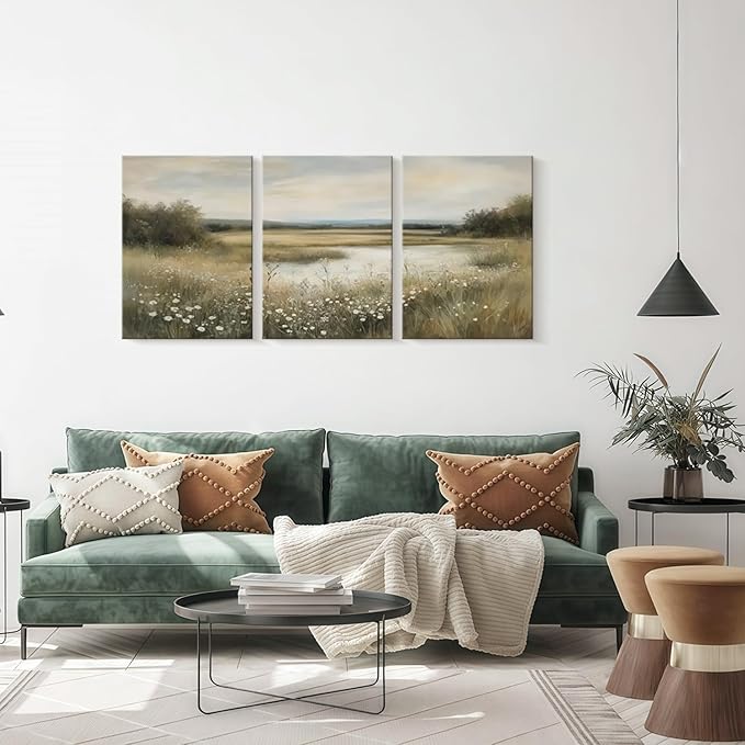 3 Pcs Framed Vintage Wildflower Canvas Wall Art Rustic River Pond Decor Landscape Botanical Print Posters Farmhouse Nature Scenery Pictures for Living Room Bedroom Kitchen 16x24 inch Ready to Hang