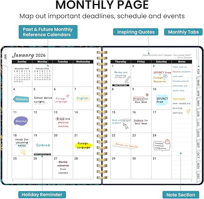 2026 Planner, Weekly and Monthly Calendar Planner for Women, Jan 2026 - Dec 2026, Hardcover Planning Agenda book with Tabs, Spiral Bound, Inner Pocket, Perfect for School Office Supplies, 6.3" x 8.5" - Hidden Bloom