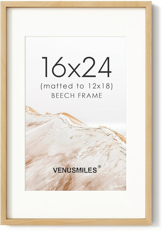 16x24 Poster Frame, USA-Sourced Natural Beech Wood Picture Collage Frame with HD Tempered Glass, Modern Simple 16 x 24 Wooden Photo Frame Matted to 12x18, Vertical & Horizontal Wall Hanging Display