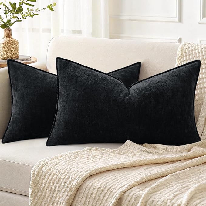 decorUhome Spring Couch Throw Pillow Covers 12x20 Set of 2, Decorative Soft Velvet Neutral Chenille Lumbar Pillow Covers with Elegant Design for Sofa Bed Living Room Home Decor, Black