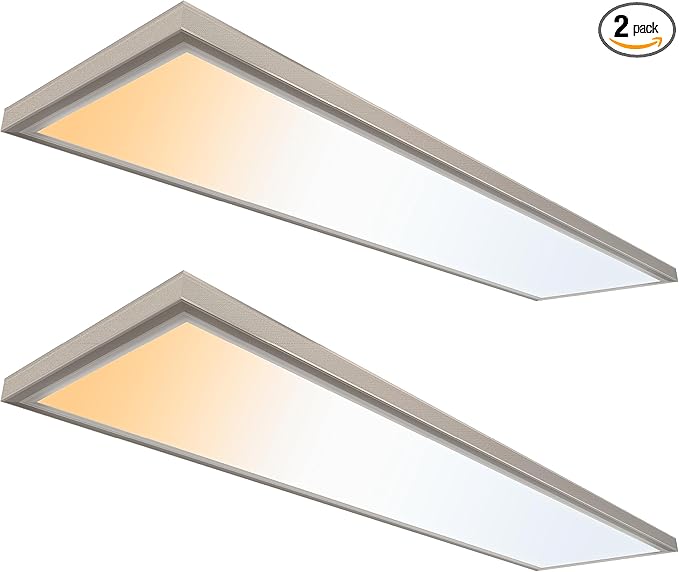 Ultralux 1x4 ft Surface Mount Ceiling Light Panel – Slim, Edge Lit, Flush Mount Flat Panel for Kitchen, Home & Office - TRIAC Dimmable, 3CCT Adjustable Color Temperature (Brushed Nickel, 2 Pack)