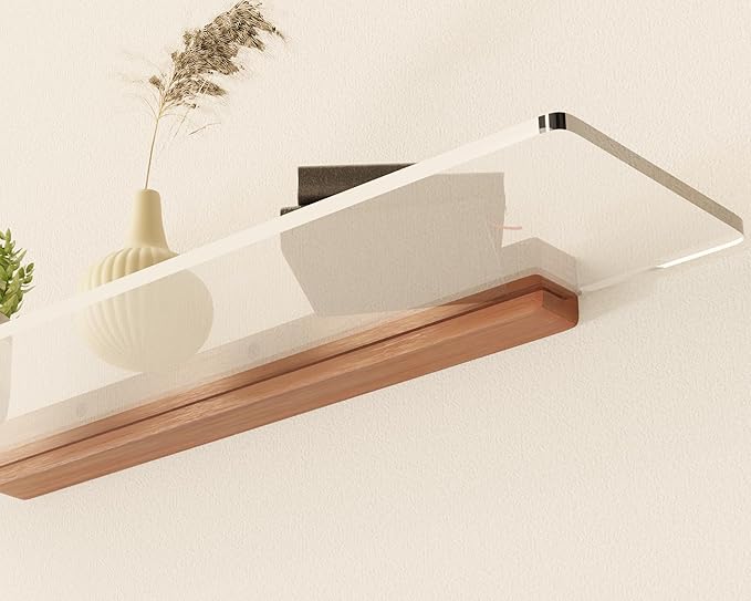 Acrylic Floating Shelves with Solid Wood Base, Wall Mounted Shelf for Plants, Perfume, Nail Polish, Bathroom, Bedroom & Living Room Décor