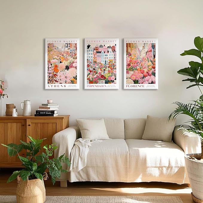 XLARTMY Flower Market Wall Art Print Canvas Framed Pink Floral Paintings Colorful Botanical Sunflower Artwork Travel Poster for Decor Picture 3 pieces for Living Room Bedroom Bathroom 16x24in