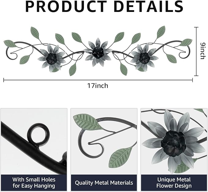 KHJCXS Metal Wall Art Modern Minimalist Metal Flowers Indoor Decor Horizontal Wall Art Iron Artwork,for Over Door,Bedroom,Living Room,Kitchen,Officel Scroll Decor(Black)