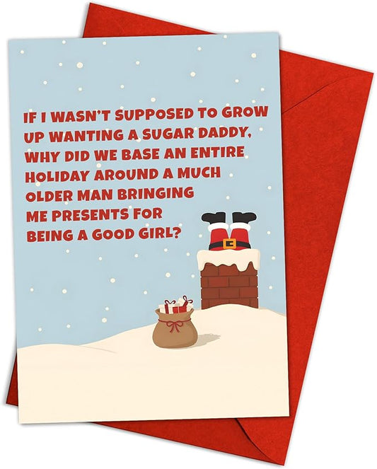 (5.3x8in) Funny Adult Christmas Card for Her, Naughty Sugar Daddy Holiday, Santa Stuck in Chimney, Festive Greeting for Girlfriend, Wife or Friend, Sexy Xmas Card with Envelope (Xmas 45)