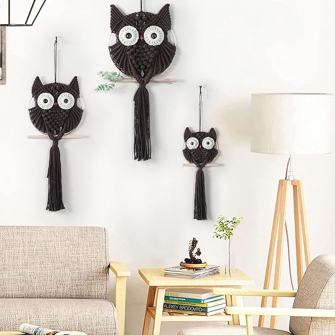 MVSUTA Owl Chocolate Cotton Handmade Macrame Wall Hanging Tapestry Home Decor Art and Craft Wonderful Decoration Woven Boho Ornament for Office Bedroom Apartment Living Nursery Gallery,3pcs set:1pc L