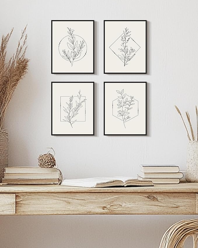 Drsoum Botanical Flower Boho Framed Wall Art Wooded Minimalist Aesthetic Floral Prints Farmhouse Retro Plants Rustic Bathroom Kitchen Home Decor Ready to Hang 8x10inx4pcs (Black Framed)