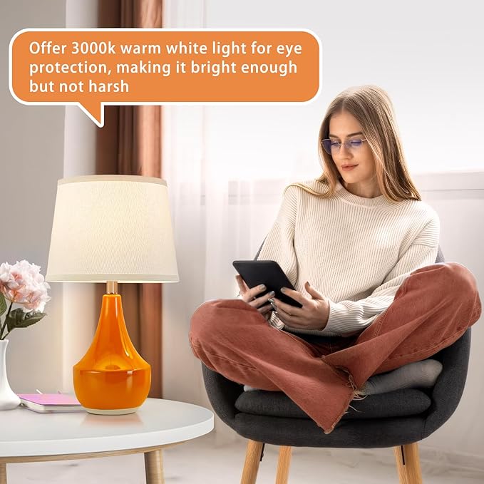 GyroVu Table Lamp Set of 2, Ceramic Lamp Classic Beside Lamps Nightstand Lamp Modern Table Lamp for Living Room, Bedroom & Office Rocker Swtich Orange-LED Bulbs Included