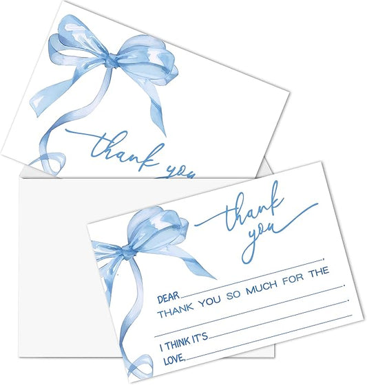 Bow Kids Thank You Cards, Blue Thank You Card For Baby Shower Birthday Party Wedding Bridal, Kids Birthday Cards Fill In The Blank, 20 Pack Cute Greeting Cards With Envelopes For Boys Girls, 015
