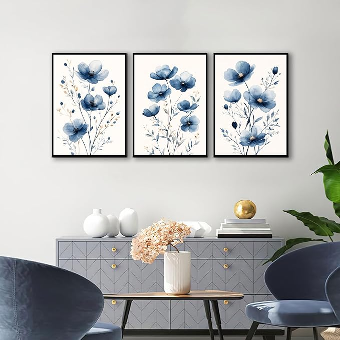 okudolit Navy Blue Wildflower Framed Canvas Wall Art Set Of 3 Flowers Pictures Prints Flowers Printing Floral Watercolors Flower wall Decor Living Room Bedroom Dinning Room Farmhouse Office-16 x24in