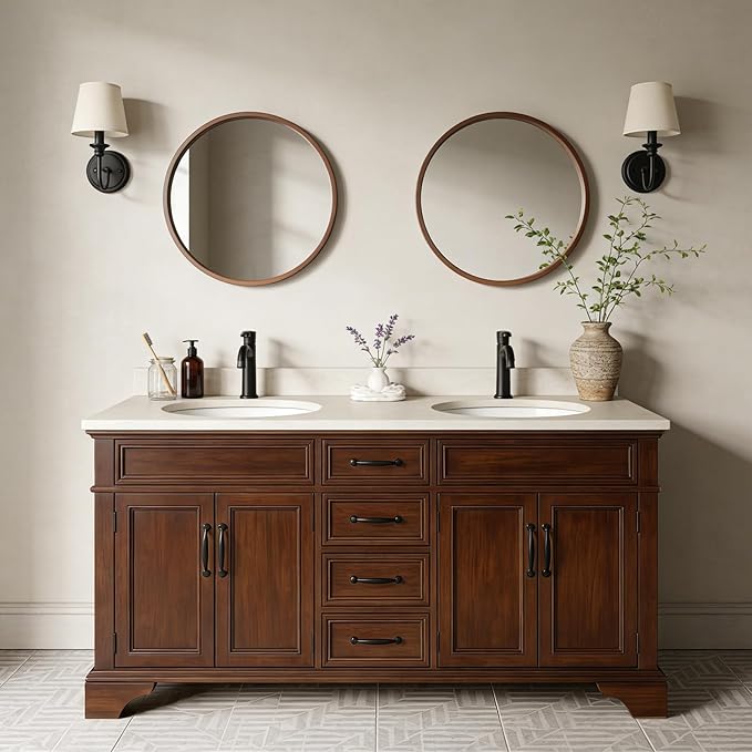 WallBeyond 24 Inch Round Wood Mirror, Circle Wooden Frame Wall Mirror for Bathroom, Living Room, Bedroom, Entryway (Walnut)