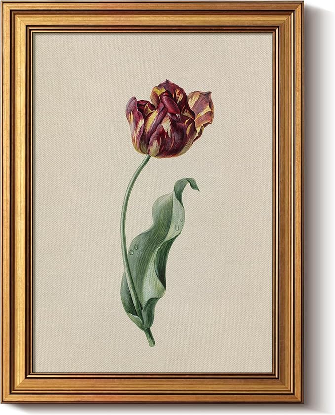 Bzstyleart Vintage Wall Art Decor,Gold Framed Wall Art 12 x 16 Inch Retro Red Tulip for Office,Gold Framed Wall Art, Canvas Picture Print Painting for Bedroom Living Bathroom Classroom Decor