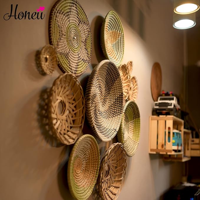 Boho Wall Baskets for Decor, Wicker Hanging Basket, Boho Wall Art, Woven Hanging Basket, Rattan Decor, Bohemian Decorative for Living Room Or Bedroom, Round Bamboo and Seagrass Plates 12 Pcs