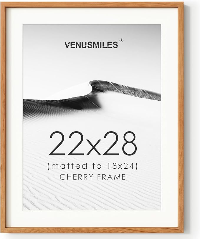 22x28 Poster Frame, USA-Sourced Natural Cherry Wood Picture Collage Frame with HD Tempered Glass, Modern Simple 22 x 28 Wooden Photo Frame Matted to 18x24, Vertical & Horizontal Wall Hanging Display