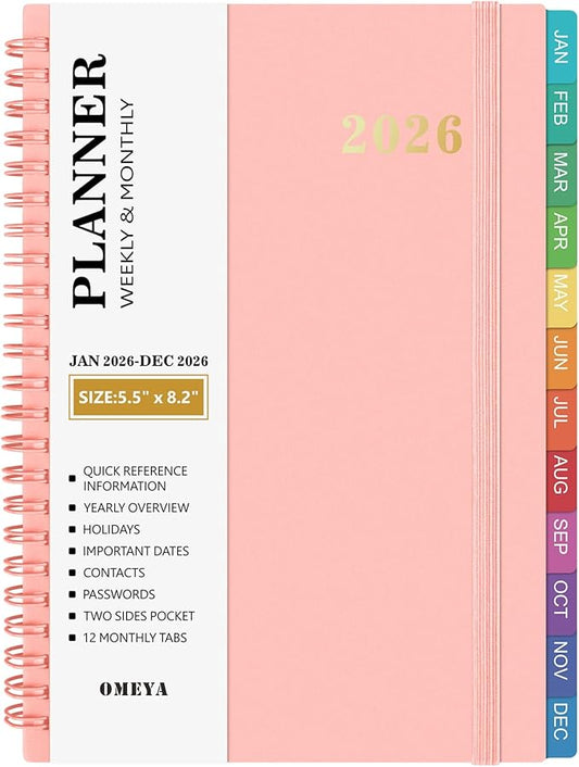 2026 Planner – 2026 Planner Weekly and Monthly: Jan. 2026 - Dec. 2026, 5.5" x 8.2", 2026 Calendar Planner with Monthly Tabs, Flexible Cover, Thick Paper, Inner Pocket for School Office Supplies(Pink)
