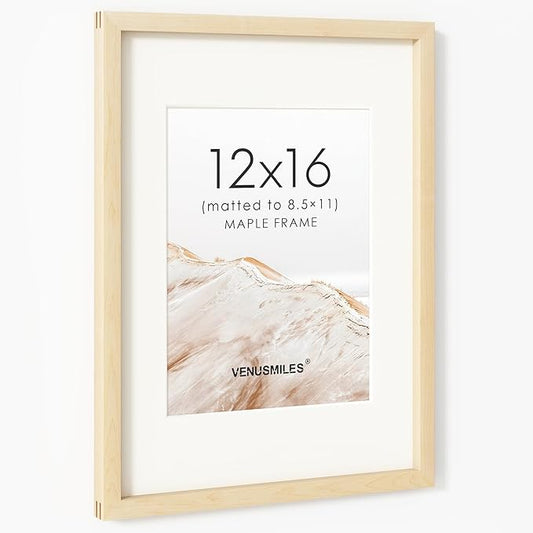 12x16 Picture Frame, USA-Sourced Natural Maple Wood Photo Collage Frame with HD Tempered Glass, Modern Simple 12 x 16 Wooden Frame Matted to 8.5x11, Vertical & Horizontal Wall Hanging Display