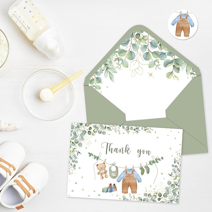 24 Pack Greenery Baby Shower Thank You Cards Bulk Eucalyptus Leaves Greeting Cards with Envelopes Stickers Blank Note Cards for Birthday Party Supplies, 4 x 6 Inch
