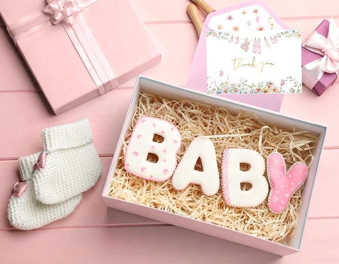 50 Pack Pink Baby Shower Thank You Cards Shower Pink Gold Foil Greeting Card with Envelopes And Stickers Set Bulk for Baby Shower Birthday Party (Pink Gold)