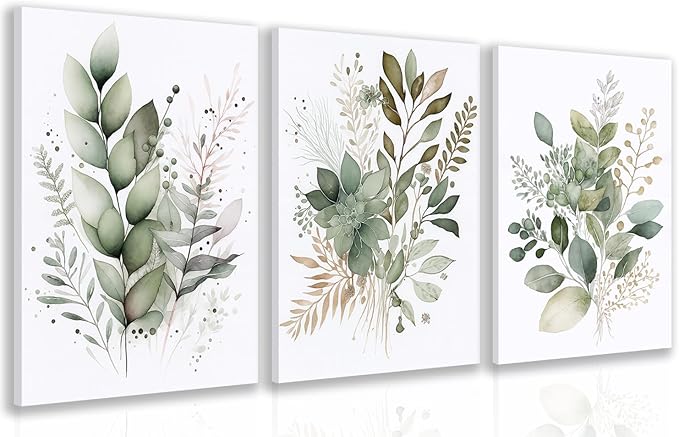 HLXRAE Framed Watercolor Botanical Wall Art Set of 3, Neutral Sage Green Bathroom Wall Decor, Modern Floral Canvas Paintings, Minimalist Farmhouse Poster Prints for Bedroom Living Room 16x24 Inch