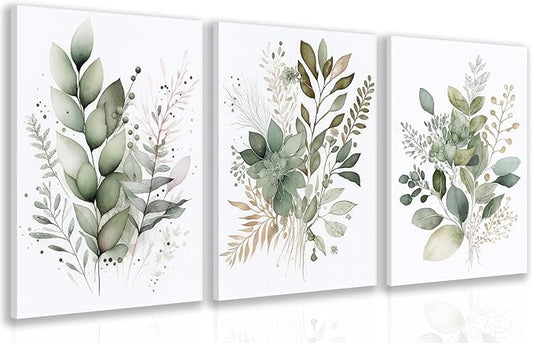 HLXRAE Framed Watercolor Botanical Wall Art Set of 3, Neutral Sage Green Bathroom Wall Decor, Modern Floral Canvas Paintings, Minimalist Farmhouse Poster Prints for Bedroom Living Room 12x16 Inch