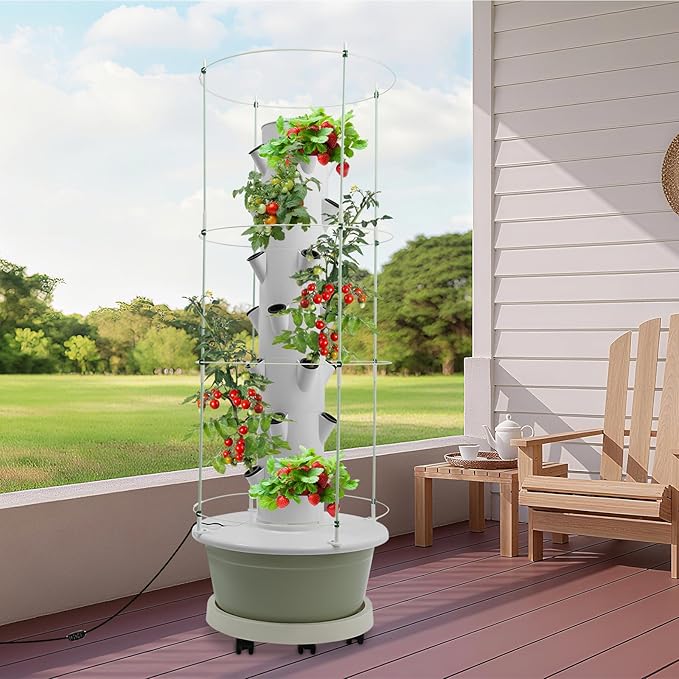 Hydroponic Growing Tower Kit, 7-Tier 28 Plant Hydroponic Indoor Vertical Garden with Climbing Trellis & Timer, Vertical Hydroponics System for Lettuce, Strawberries, Herbs, Vegetables, White