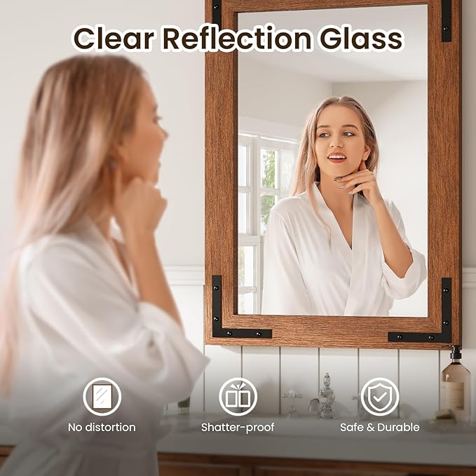 Farmhouse Bathroom Mirror,20"x28" Brown Wood Frame Rectangle Wall Mirror for Living Room Bedroom Entryway, Waterproof, Easy to Install