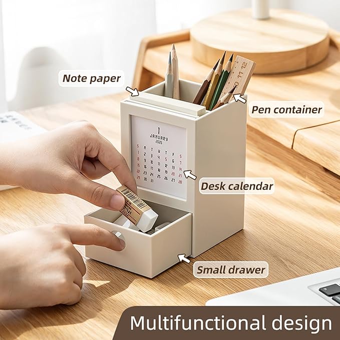 Pen Holder with 2026 Calendar,Desktop Organizer with Drawer,3-in-1 Desktop Organizer with Memo Pads,Multi-Functional Desk Organizers Office Desk Storage for School,Home,Office (WHITE)
