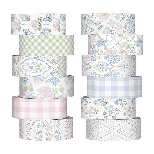 12 Rolls Watercolor Floral Washi Tape Set 15 mm Vintage Flower Decorative Masking Tape for Arts DIY Craft Scrapbook Envelope Party Supplies Gift Wrapping(Pink and Blue,Flowers)