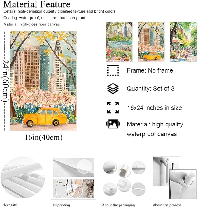 XLARTMY New York City Poster Travel Wall Art Canvas Watercolor NYC Central Park Landmarks Artwork Decor Painting Prints Pictures Set of 3 for Bedroom Living Room Bathroom Office 16x24in Unframed