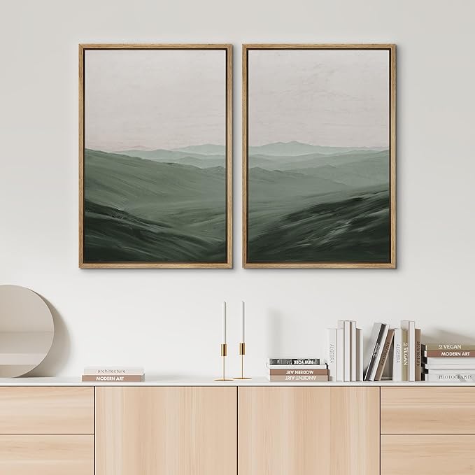 SIGNWIN Framed Canvas Print Wall Art Set Watercolor Green Mountain Valley View Nature Wilderness Illustrations Fine Art Farmhouse/Country for Living Room, Bedroom, Office - 16"x24"x2 Natural