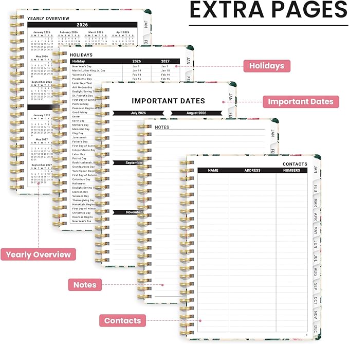 2026 Planner, Weekly and Monthly Calendar Planner for Women, Jan 2026 - Dec 2026, Hardcover Planning Agenda book with Tabs, Spiral Bound, Inner Pocket, Perfect for School Office Supplies, 6.3" x 8.5" - Blush Peony
