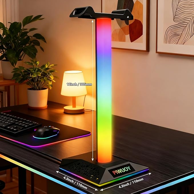 RGB Gaming Headset Stand with USB Hub - 2 USB Ports & 1 Type-C Port, 10 Lighting Modes, Universal Holder for All Headphones
