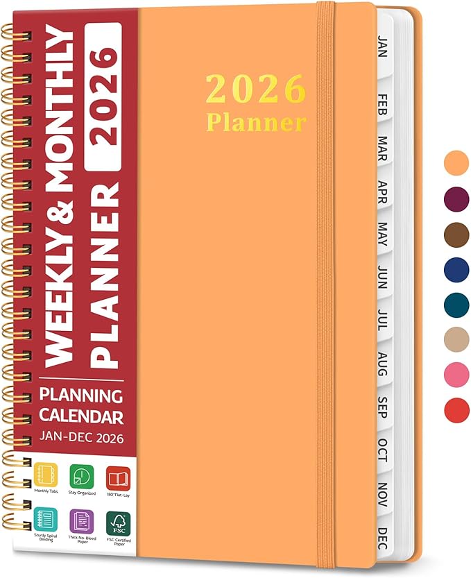 2026 Planner, Weekly and Monthly Calendar Planner for Women, Jan 2026 - Dec 2026, Hardcover Planning Agenda book with Tabs, Spiral Bound, Inner Pocket, Perfect for School Office Supplies, 6.3" x 8.5" - Bright Orange