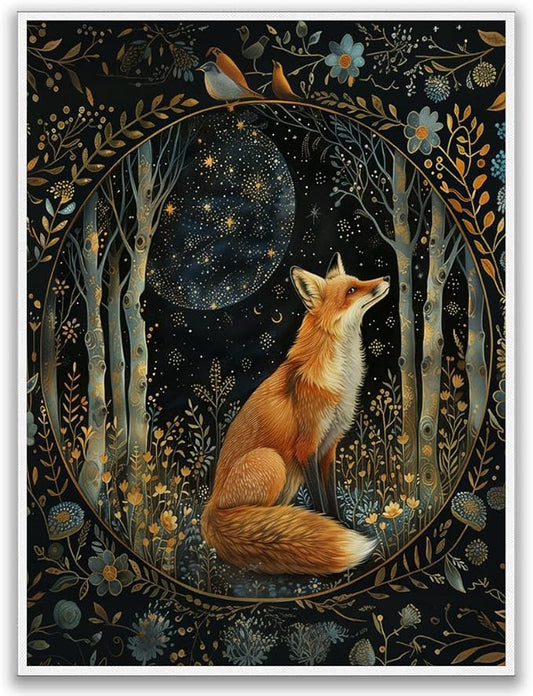 Nordic Rustic William Morris Fox Wall Art,William Morris Moon & Stars Print,William Morris Cute Fox Print Painting,Vintage Animal Wall Art Poster Decor for Living Room Bedroom 24x36in Unframed poster