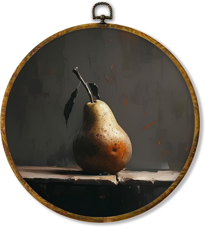 Hiuwevt Vintage Moody Pear Round Wall Art Decor, Dark Cottagecore Pear Framed Canvas Prints, Antique Farmhouse Fruit Round Wall Hanging Decor for Kitchen Dining Room Home Decorations, 10x10 Inches