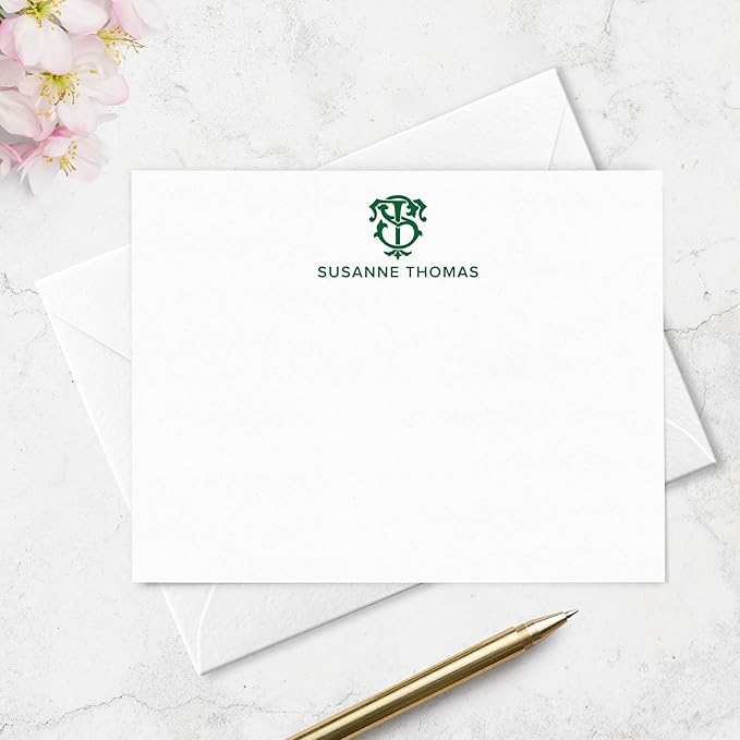 Fairmont & Grove Chic Interlocking 2 Letter Monogram Note Card and Envelope Stationery Set, Classic Monogrammed Personalized Stationary in Choice of Set Size and Colors (Monogram + Name)