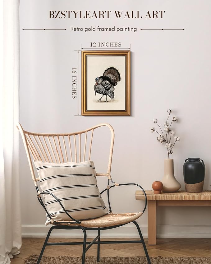 Bzstyleart Vintage Wall Art Decor for Living Room,Sketch Turkey Thankgiving Wall Art,Canvas Picture for Bedroom Decor Aesthetic,Rustic Autumn Harvest Bird Artwork,Thanksgiving Holiday 12 x 16 Inch