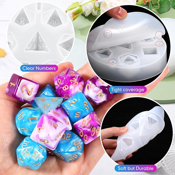 WILLBOND 8 Pcs Dice Resin Molds Silicone for Epoxy Resin Casting with 7 Standard Stereoscopic Cavities, Food Grade Silicone Molds for DIY Dices Making, Table Board Game