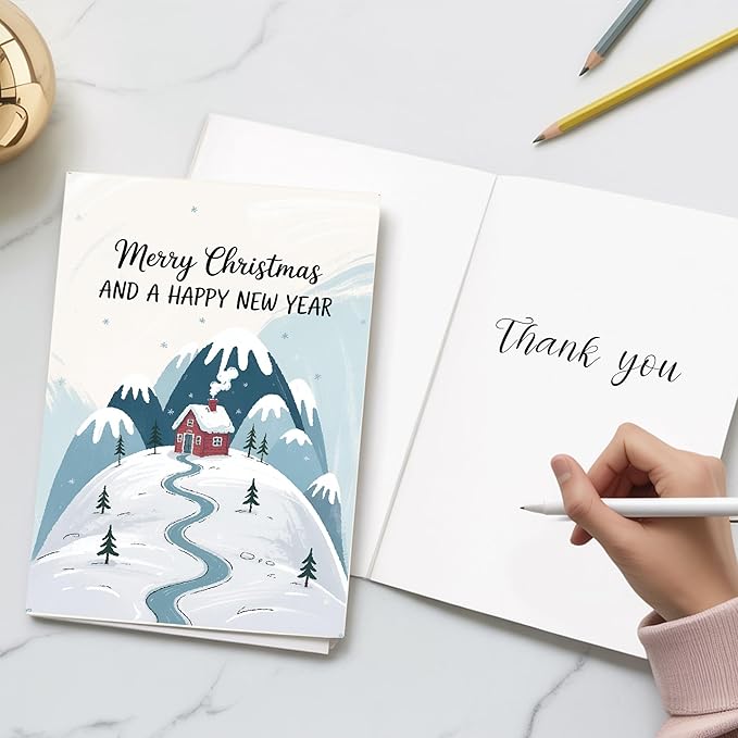 (5.3x8in) Merry Christmas and a Happy New Year Card, Cozy Winter Cabin in Snowy Mountain Design, Classic Holiday Greeting for Family, Friends, Coworkers, or Neighbors Card with Envelope (Xmas New)