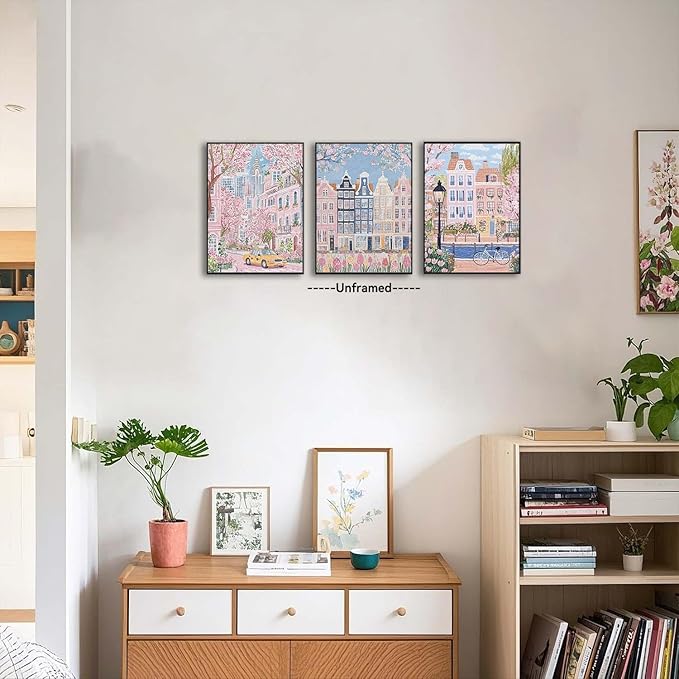XLARTMY Watercolor City Landscape Travel Wall Art Canvas Framed Pink Cherry Flower Poster Girly Prints Painting Pictures Set of 3 for Bedroom Living Room Office 16x12in Unframed