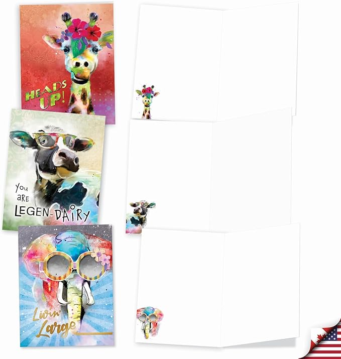 The Best Card Company - 20 Assorted Bulk Animal Cards Boxed (4 x 5.12 Inch) (10 Designs, 2 Each) - Sassy Animals AM8850OCB-B2x10