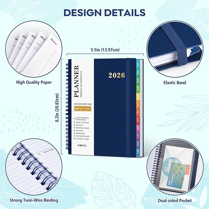 2026 Planner – 2026 Planner Weekly and Monthly: Jan. 2026 - Dec. 2026, 5.5" x 8.2", 2026 Calendar Planner with Monthly Tabs, Flexible Cover, Thick Paper, Inner Pocket for School Office Supplies(BLue)