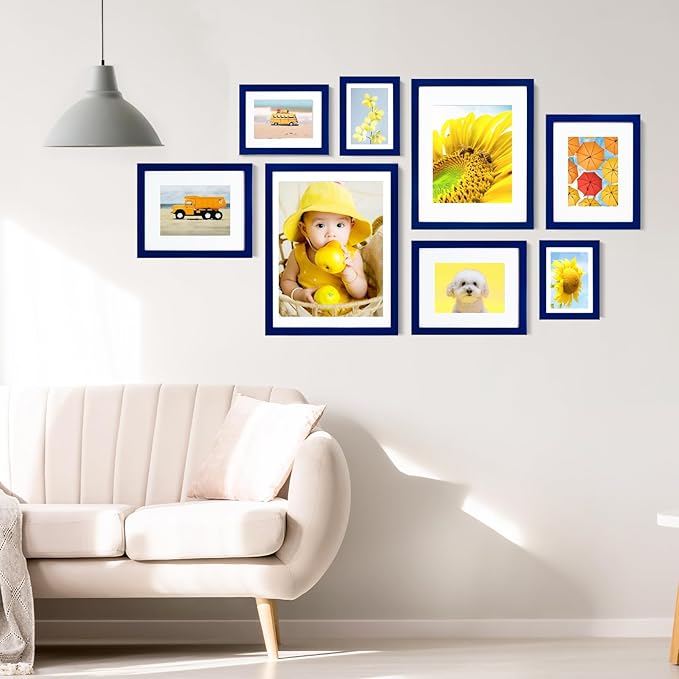 KINLINK 5x7 Picture Frame Navy, Solid Wood Frames with Acrylic Plexiglass for 3.5x5/4x6 with Mat or 5x7 without Mat, Tabletop and Wall Display Photo Frame Set of 4