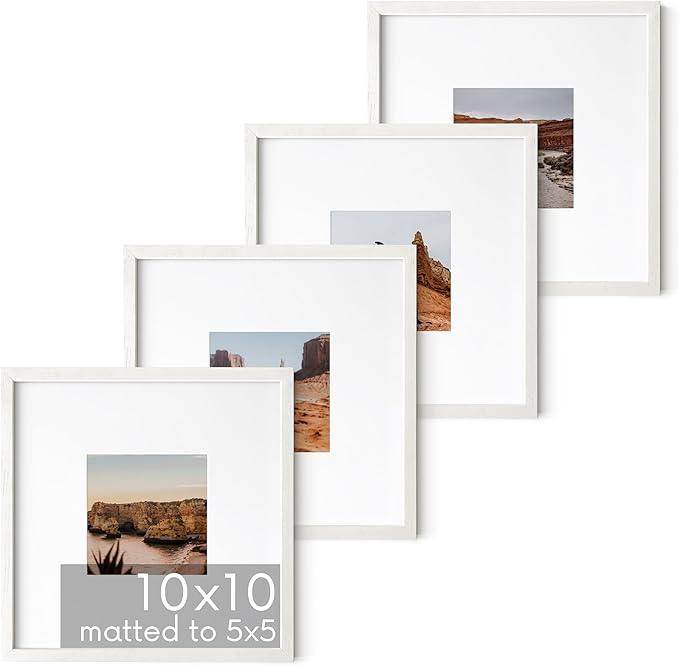 HAUS AND HUES White Oak Wood 10x10 Picture Frames - Set of 4, Square Frames with Mat, Contemporary White Frames for Gallery Wall Display (10x10 in, White, Set of 4)