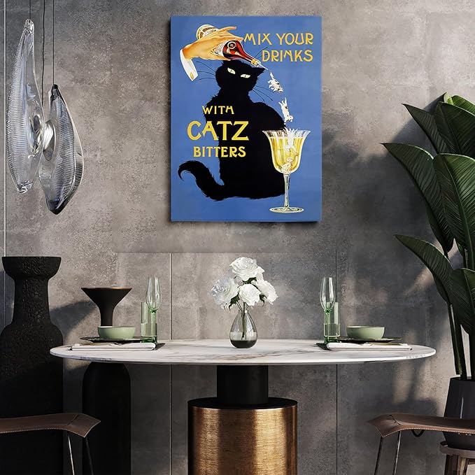 Catz Bitters Print, Vintage Beverage Poster, Bar Cart Wall Art,Black Cat Wall Art, Vintage Cat Alcohol Poster,Alcohol Print Horizontal,Bar Wall Decor,Bar Cart Decor20x30 Framed